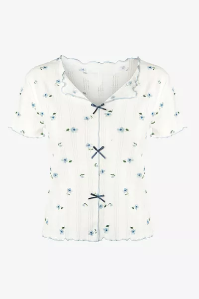 Women's Floral Print Bow Ribbed Short Sleeve Shorts Set