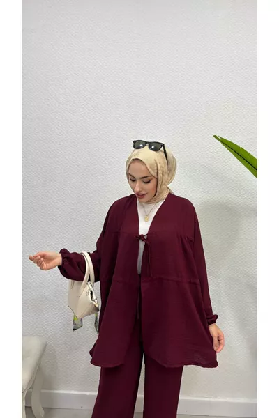 طقم بنطلون مزدوج برباط هوائي للتستر باللون القرمزي