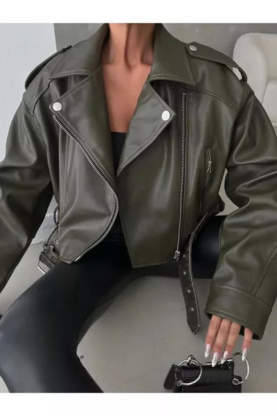 New Season Oversized Women's Green Biker Leather Jacket