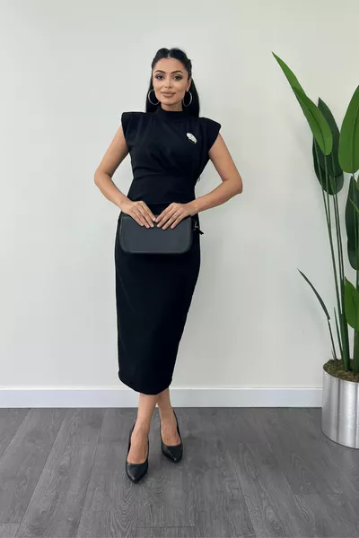 فستان أطلس برباط قماشي وقلم رصاص مفصل من الشعب الهوائية - أسود