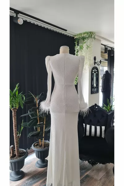 Бяло пайети двуредно деколте, цепка, рибена рокля