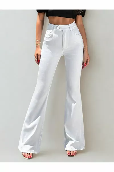 Kadın Yüksek Bel Likralı İspanyon Paça Jeans Kot Pantolon Beyaz
