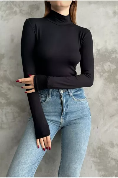 T-shirt à manches longues pour femme, col roulé mi-haut, en jersey extensible