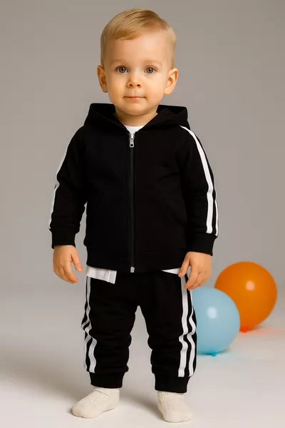 Sportanzug für Babys 2-teilig mit Seitestreifen, Kängurutasche und Reißverschluss