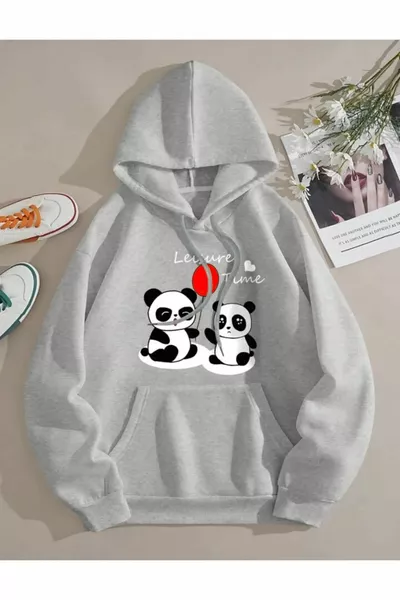 Unisex Panda Baskılı Kapüşonlu Oversıze Sweatshirt Hoodie
