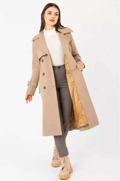 معطف طويل نسائي بيج جديد % قطن جاباردين مبطن بحزام ( سم) 