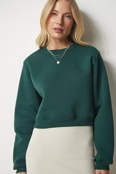 Kadın Zümrüt Yeşili Şardonlu Crop Sweatshirt 
