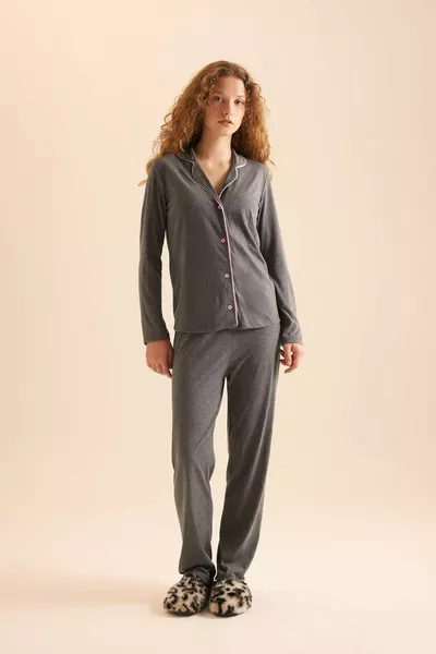 Pajama Set Regular Fit Long Sleeve Top Long Bottom - Fall in Love AXNS