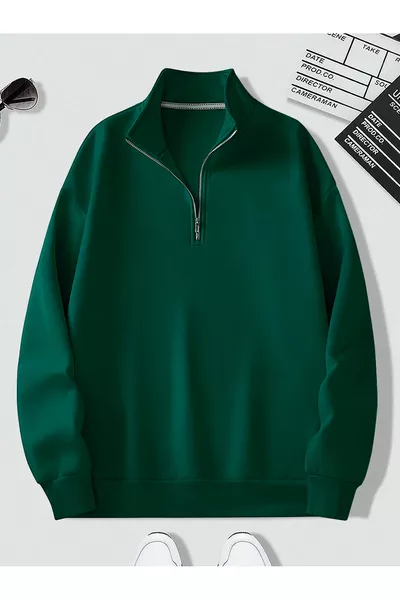 Green High Collar Zippered Oversized Unisex Sweatshirt