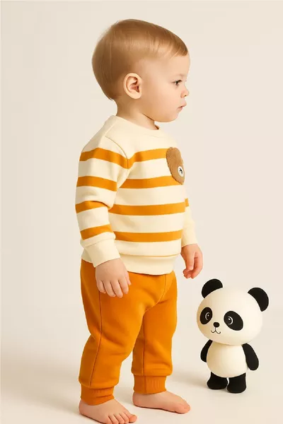 طقم بيبي بكبسة من الكتف ودببة مخططة، قطعتان (علوي وسفلي)، مناسب لجميع فصول السنة، للأعمار  شهر