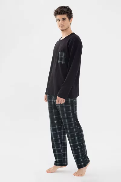 Мъжки памучен комплект пижама с дълъг ръкав, джоб на гърдите и кариран десен