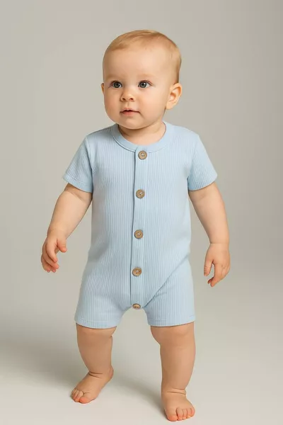 Kurze Ärmel Holzknopf Bio-Strampler Baby Set