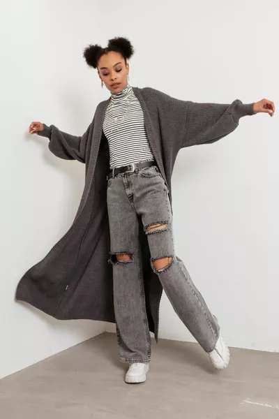 المرأة أنثراسايت بالون الأكمام سترة طويلة