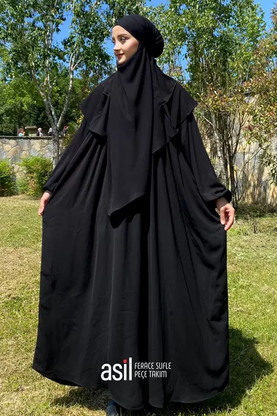 Елегантен комплект черна рокля с шал и воал (ТРИ ЧАСТИ)