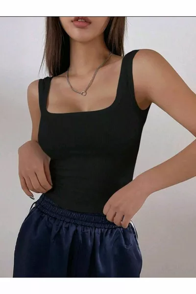 Women's Black Ribbed Square Neck Thick Strap Tank Top Ribbed Crop Tank Sports Ribbed Tank 