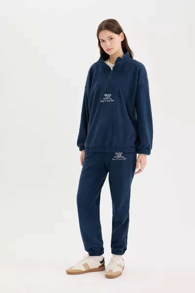 Oversize Weit geschnittenes Sweatshirt aus Polar Fleece mit Reißverschluss, Stehkragen und Stickerei WN