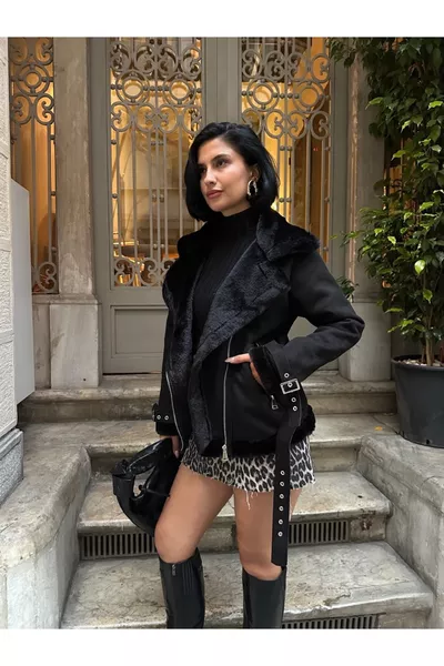 Дамско велурено яке с колан и бързозакопчаващи се детайли