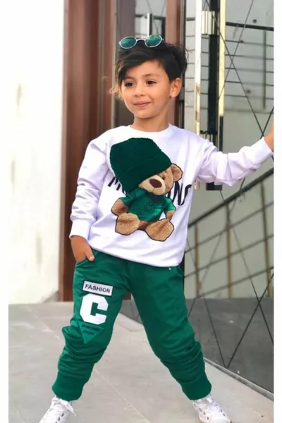 طقم رياضي للأطفال للجنسين ببطابع دب أخضر