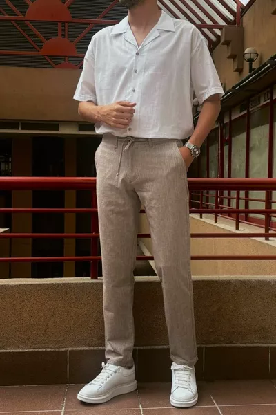 Erkek, Ayarlanabilir bel, Regular-Fit, Old Money Culture, Pamuklu, keten görünümlü pantolon -1