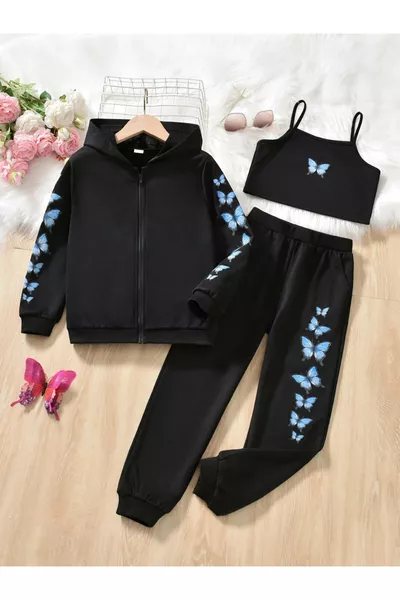 Детско яке с цип, къс топ и спортен комплект за момичета с черна пеперуда