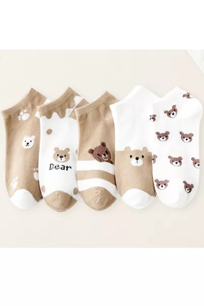 جوارب نسائية بنقشة الدب الصغير، مجموعة من 5 – ملونة، ناعمة، للاستخدام اليومي