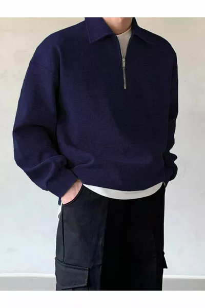 سويت شيرت رجالي بياقة بولو كاجوال فضفاض بسحاب نصف طول سويت شيرت فضفاض