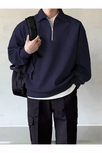 سويت شيرت رجالي بياقة بولو كاجوال فضفاض بسحاب نصف طول سويت شيرت فضفاض