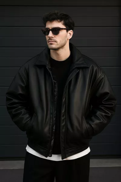 Оверсайз черная кожаная куртка