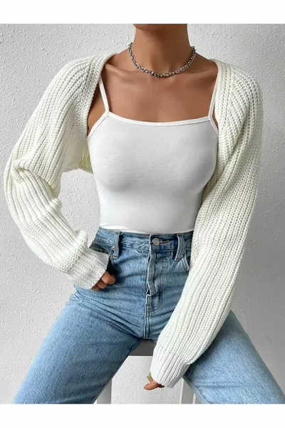 Плетена жилетка с реглан ръкав Болеро корейски стил 4 сезона екрю