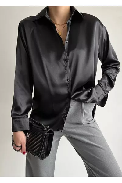 Damen Schwarzes Oversize Satinhemd