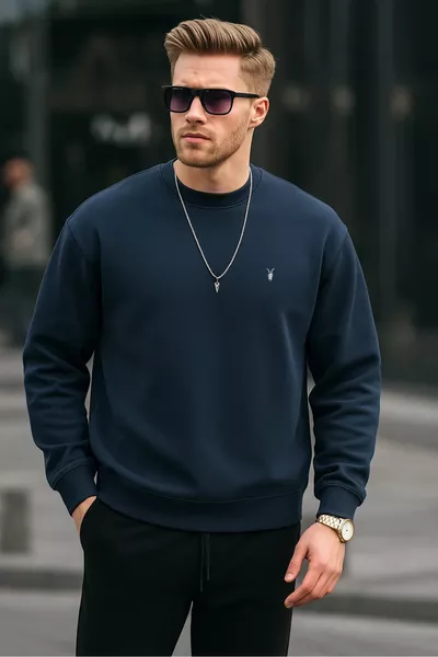 Navy Blue Color Basic Crew Neck Relaxed Regular Men's Sweatshirt