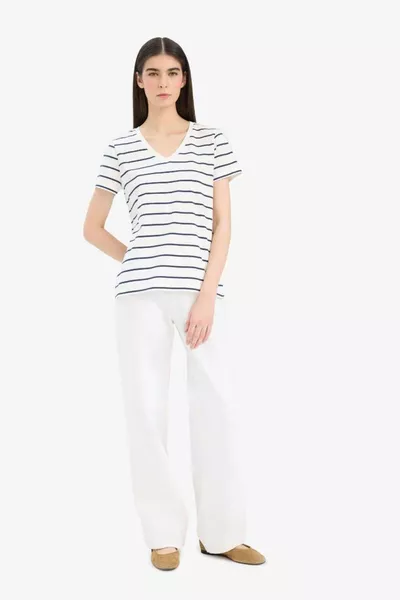 Футболка с коротким рукавом, свободного кроя, с V-образным вырезом и полосками SM