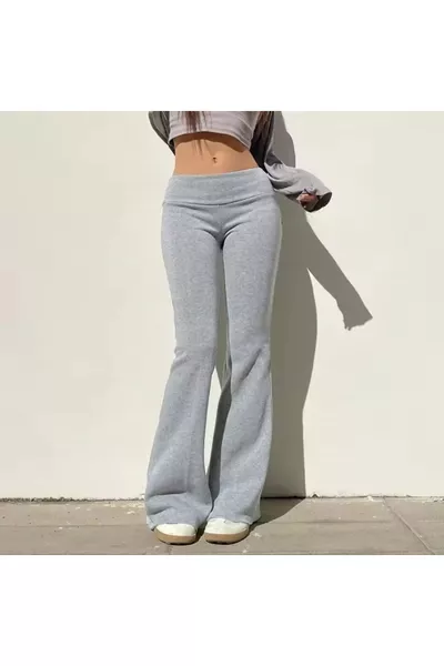 Gri İspanyol Paça Flare Tayt Pantalon Normal Bel