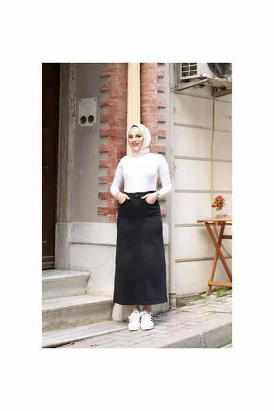 Black Denim Skirt with Star Rivets and Natural Fabric