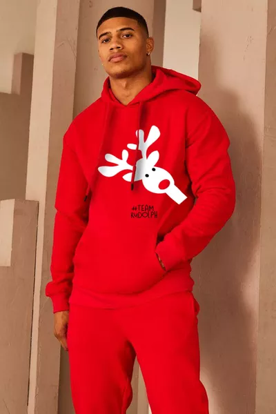 Noel Yılbaşı Aile Kombini Geyik Baskılı Kapüşonlu Kanguru Cepli Kırmızı Sweatshirt (tek Fiyatıdır)