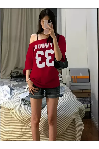 Damen T-Shirt mit Bootsausschnitt, Oversize, Aufdruck, % Baumwolle