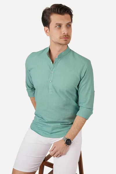 Mint Hakim Yaka Keten Üç Düğmeli Erkek Gömlek