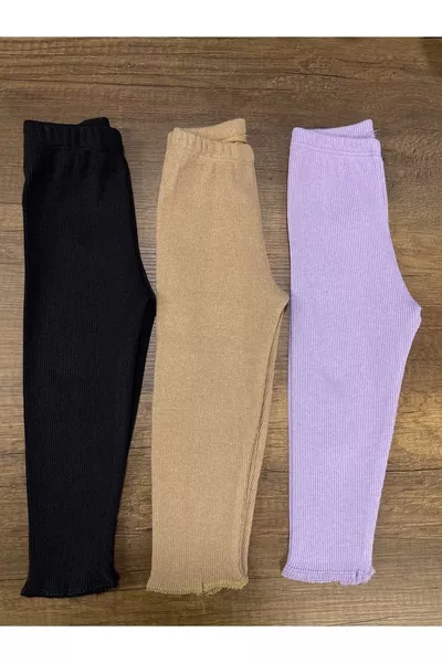 Fun Kids Leggings Invernali per Ragazze 3 Pezzi Nero - Lilla - Marrone Elasticizzati