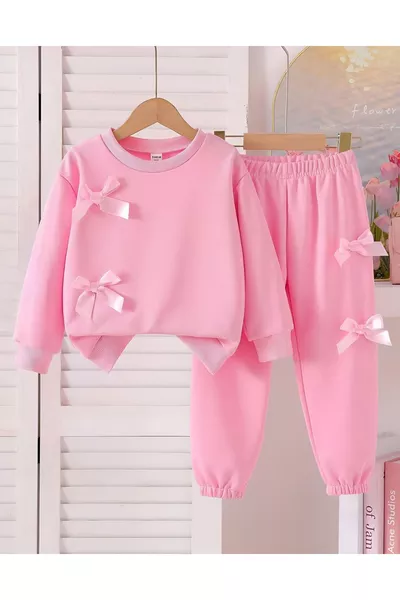 Комплект за момиче с розова горна и долна част с панделка