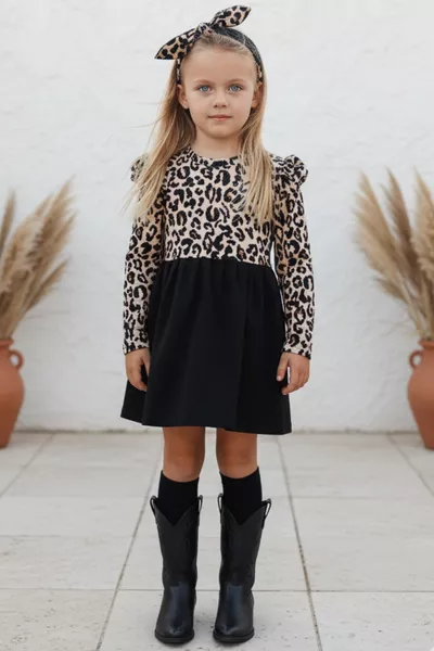 فستان طويل الأكمام بنقشة الفهد للبنات مع طقم ربطة الرأس