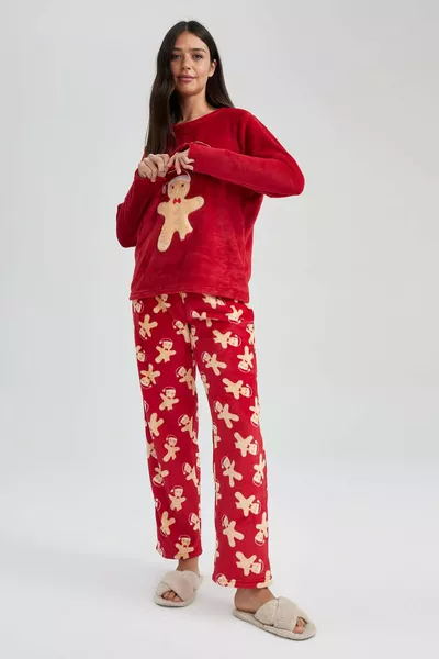 Ensemble de Pyjama Thème Saint-Valentin à Manches Longues en Polaire Haut à Taille Élastique Bas Long WN