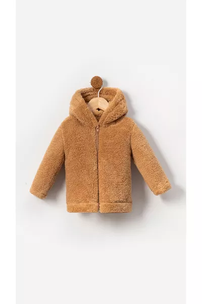 Zippered Hooded Baby Plush Welsoft Winter Cardigan - Brown