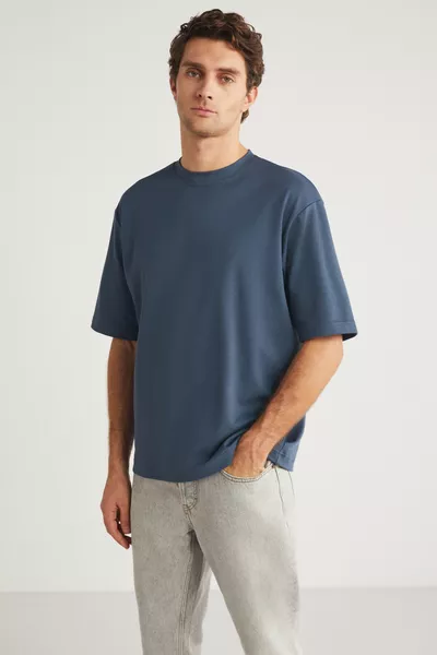 Joel Men's % Organic Cotton Thick Fabric Special Textured Label Detail Oversize Indigo T-shirt