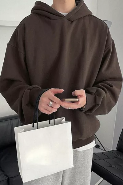 Sweat-shirt marron pour homme à capuche en molleton trois fils