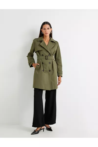 Trench Coat Double-Breasted Buttoned with Pockets and Windbreaker Details