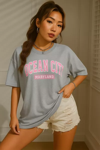 تيشيرت فضفاض للجنسين بأكمام قصيرة برقبة دائرية من القطن باللون الرمادي، بطباعة OCEAN