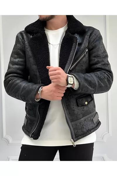 معطف جلد نابا رجالي أسود مبطن بالكامل بالفرو طراز نورث