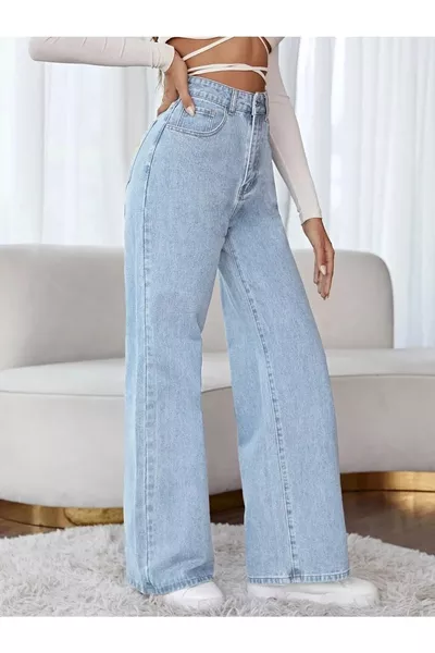 Pantalon Palazzo Jean Bleu Extensible Décontracté Bipa Super Haute 's Lavage Neige