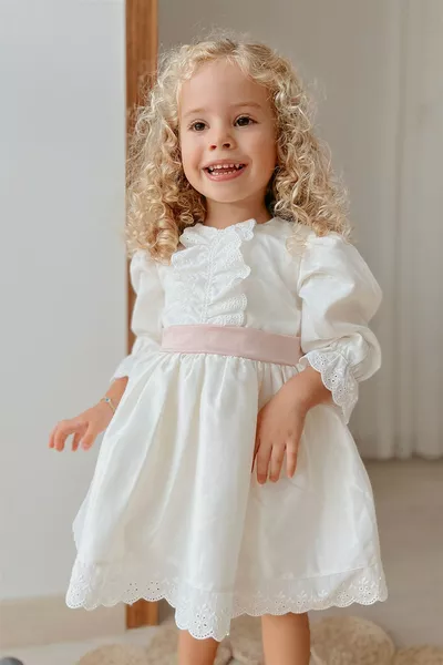 فستان طفلة عتيق بخرز أمامي باللون البيج - جواونا