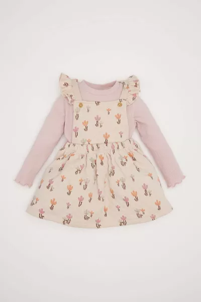 طقم طفلتي مكون من قطعتين فستان من قماش كشكير مزهر وقميص أساسي بأكمام طويلة WN